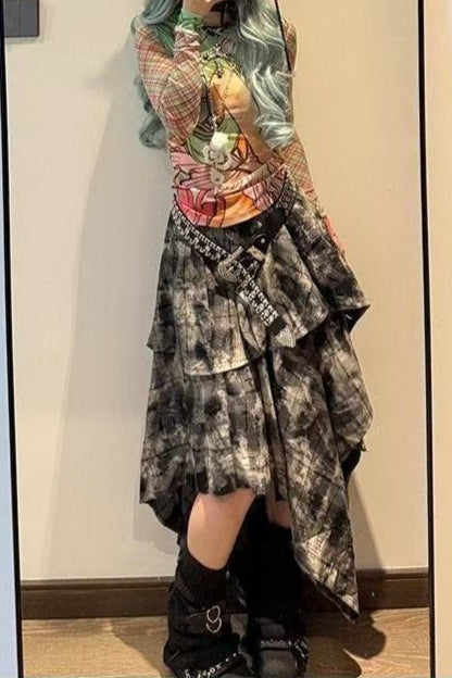 Y2K Alt Girl Tie-Dye Plaid Asymmetrical Tiered Maxi Skirt