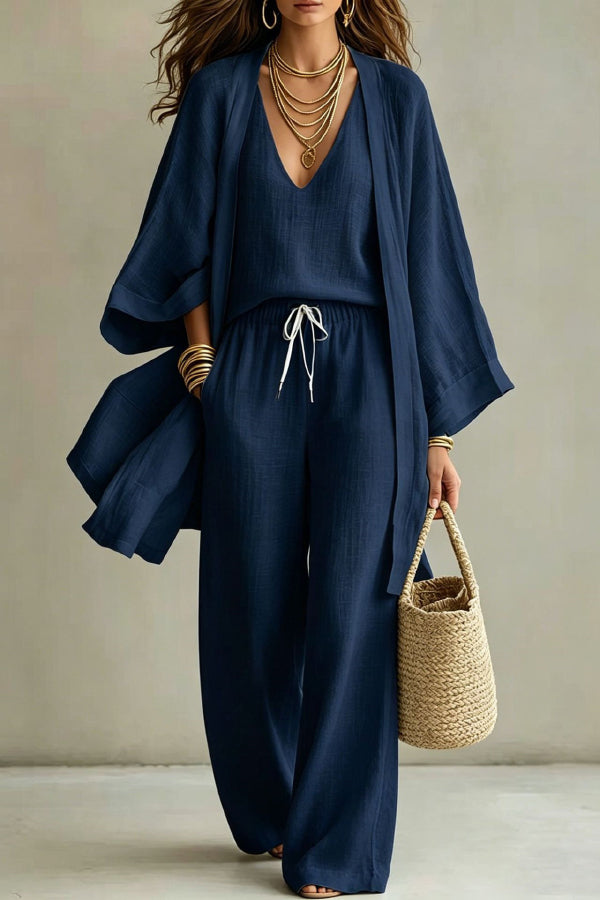 Linen Blend Solid Color Loose Cardigan V-neck Sleeveless Vest and Elastic Waist Pocket Straight Leg Pants Three-piece Set