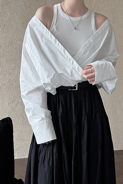 Off Shoulder Structured Peplum Mock Two Piece Blouse
