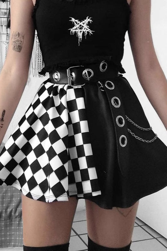Dark Gothic Plaid Color Block High-Waist Mini Skirt