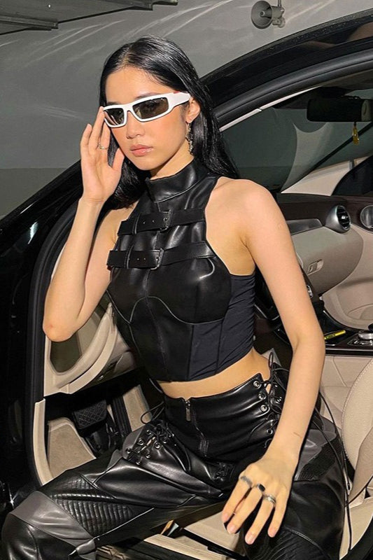 Cyber Punk Black PU Metal Buckle Sleeveless Crop Top