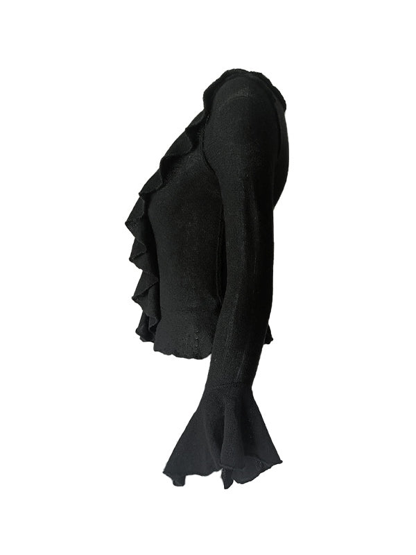 Solid V Neck Ruffle Long Sleeve Knit