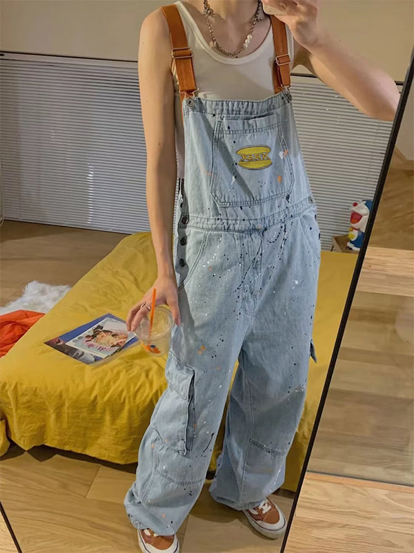 Vintage Big Pocket Splash Ink Print Overalls