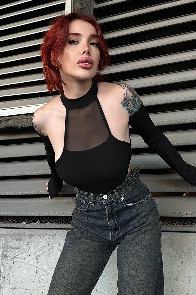 Mesh Cutout Stretch Long Sleeve Sexy Bodysuit