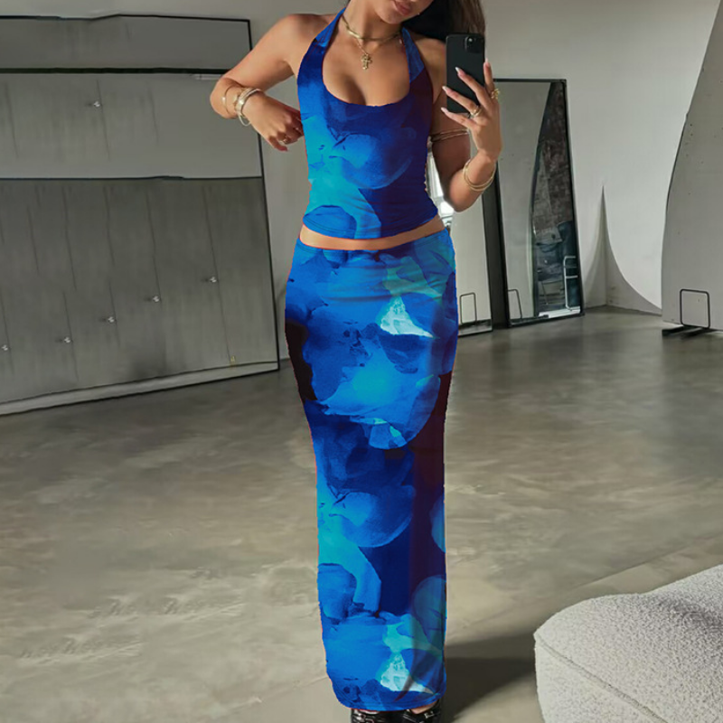 Halter self tie u neck flower print maxi skirt set  | Festival Outfits Women