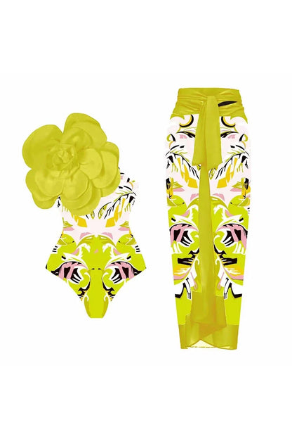 Traje de baño de una pieza con estampado floral y flor amarilla en 3D