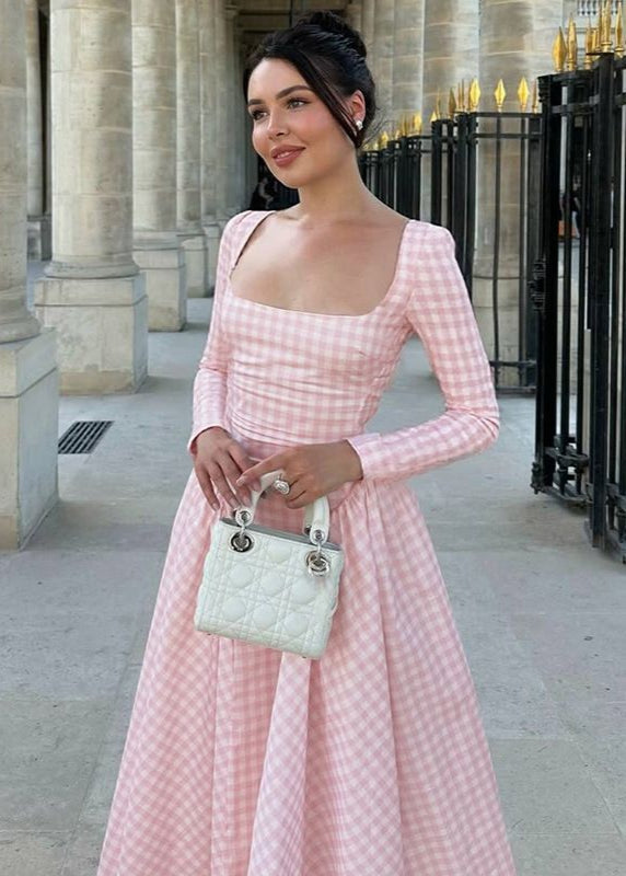 Pink Gingham Long Sleeve Midi Dress – Vintage Square Neck Fit and Flare