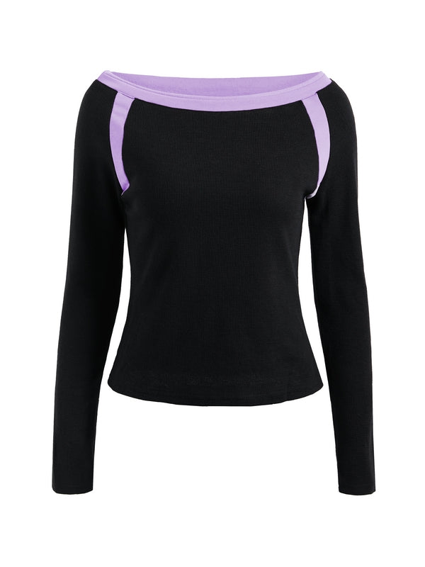Contrast Color Off Shoulder Long Sleeve Tee