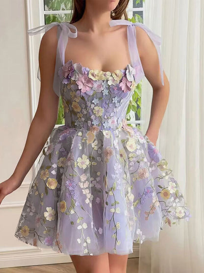Three-Dimensional Flower Embroidery Hip-Covering Sexy Suspender Belt Mini Dress