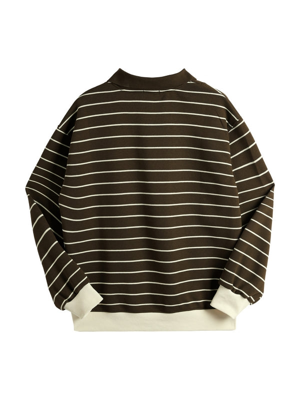 Stripe Print Bear Embroidery Shirt Neck Oversized Hoodie