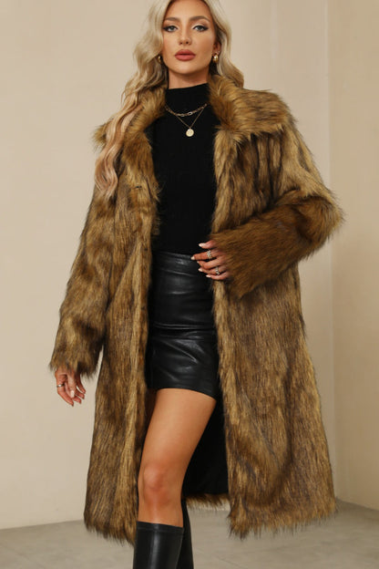 Square Collar Faux Fur Longline Warm Coat