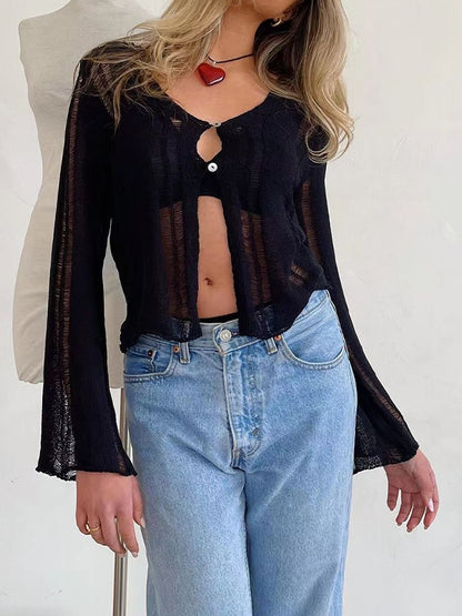 Cutout Slit Trumpet Sleeve Long Sleeve Knit