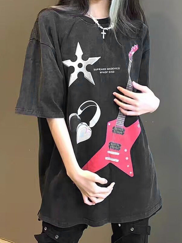 Guitar Print Oversized Short Sleeve Tee