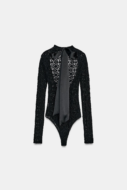 Anna Semi-sheer Lace Long Sleeve Back Bow Tie-up Cutout Stretch Bodysuit