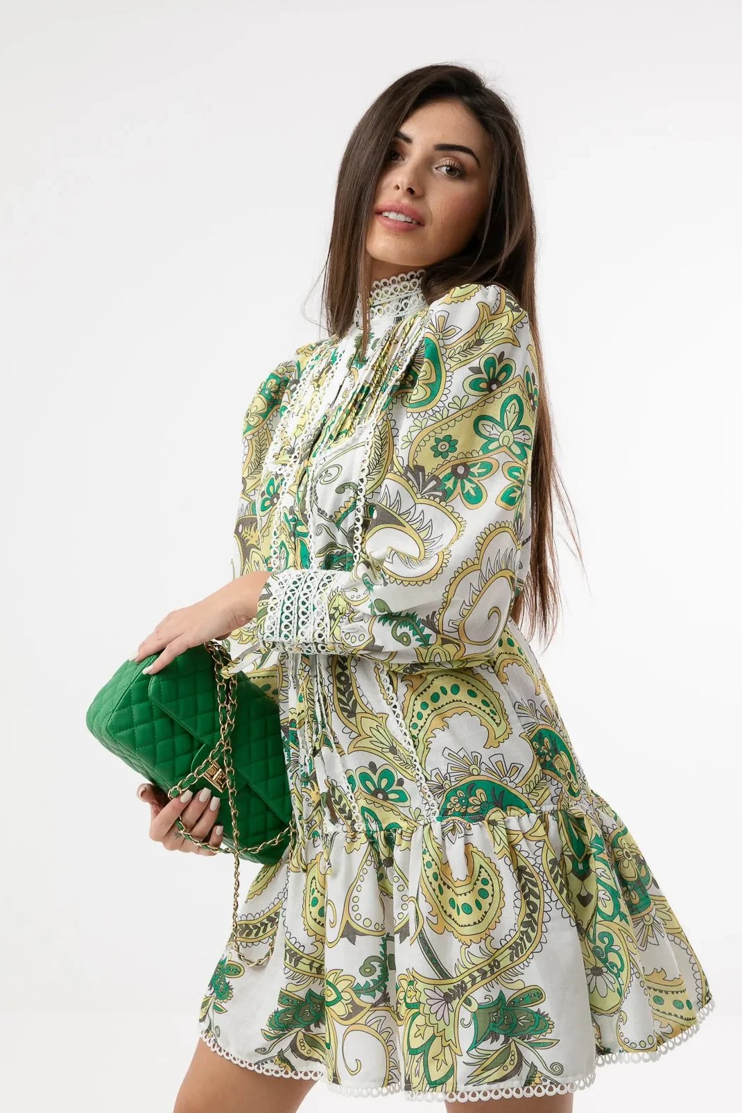 Paisley Stand Collar Lantern Sleeve Mini Dress