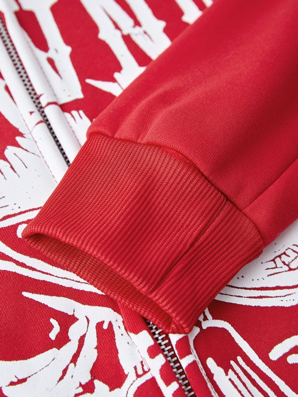 Red Vintage Print Zip Up Oversized Hoodie