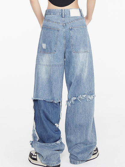 Niche slimming straight wide legs Ripped Jeans