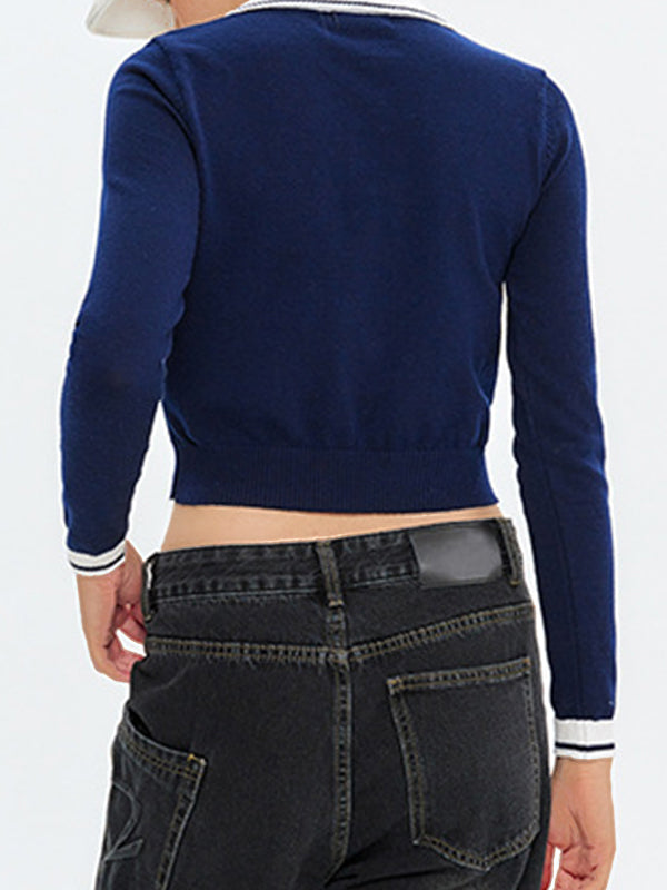 Preppy Letter Embroidery Lapel Neck Long Sleeve Knit