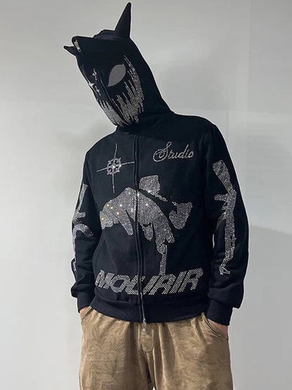 Rhinestone Hooded Loose Zipper Cardigan Hoodie
