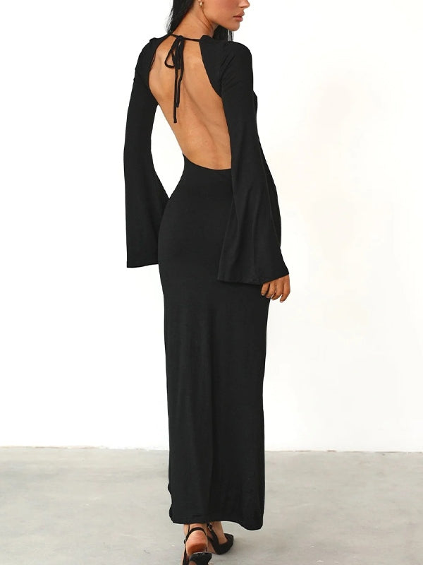 Solid Backless Trumpet Sleeve Maxi Dress