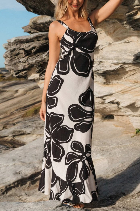 Color-blocked Floral Print Sleeveless Slim-fit Elegant Ruffled Hem Maxi Dress