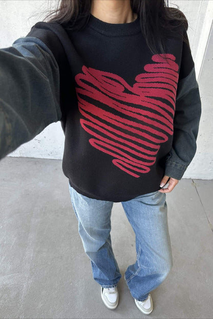 Heart Pattern Crewneck Denim Sweater