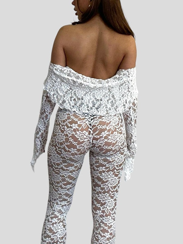 Lace Off Shoulder Long Sleeve Tee & Flared Pants Set