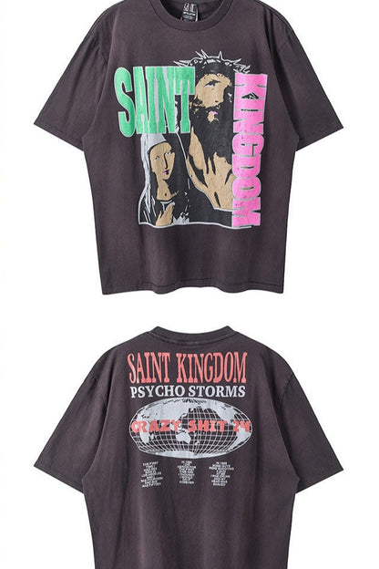 Washed Distressed Logo Graphic Crew Neck T-shirt