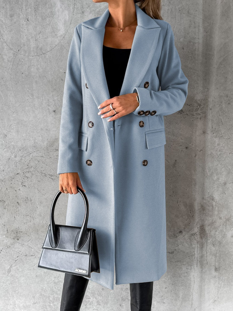 Long Sleeves, Lapel, Solid Color, Double-breasted, Slim Fit Coats
