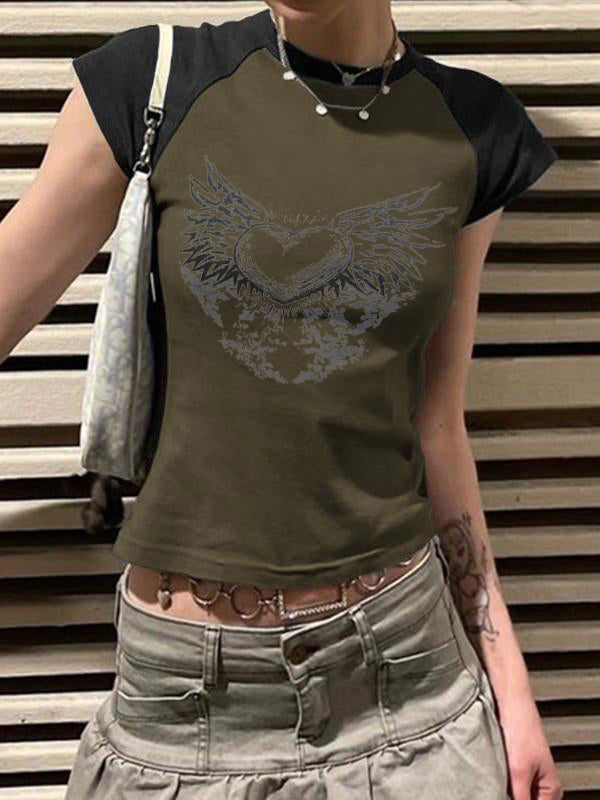 Y2K Wings Print Contrast Raglan Slim Short Sleeve Tee