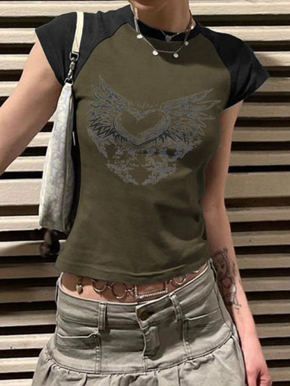 Y2K Wings Print Contrast Raglan Slim Short Sleeve Tee