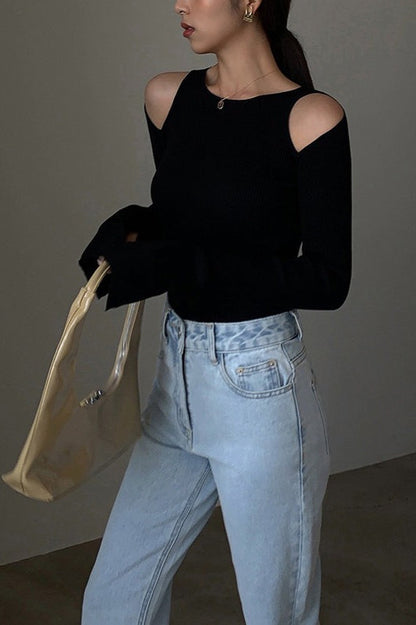 Retro Crew Neck Off-Shoulder Split-Cuff Slim Knit Top