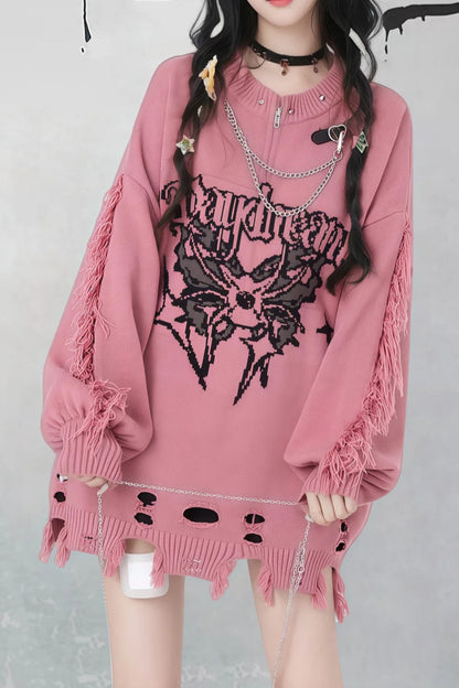 Gothic Y2K Subculture Rivet Print Ripped Loose Knit Sweater