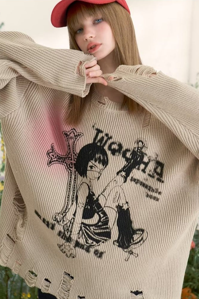 Vintage Distressed Loose-Fit Knit Sweater