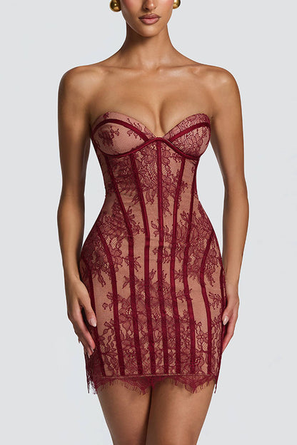 Jaya Floral Lace Contrast Structural Detail Back Lace-up Strapless Slit Maxi Dress