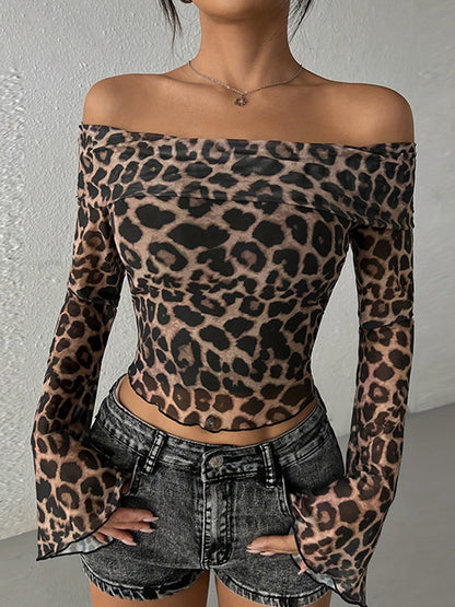 One Shoulder Leopard Print Long Sleeve Tee