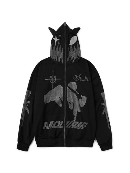 Rhinestone Hooded Loose Zipper Cardigan Hoodie