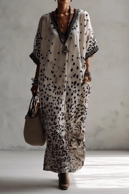 Unique Print V-Neck Half Sleeve Loose Casual Maxi Dress
