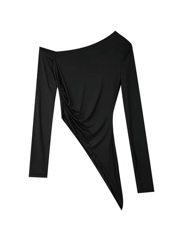 Slanted Shoulder Ruched Irregular Hem Long Sleeve Tee