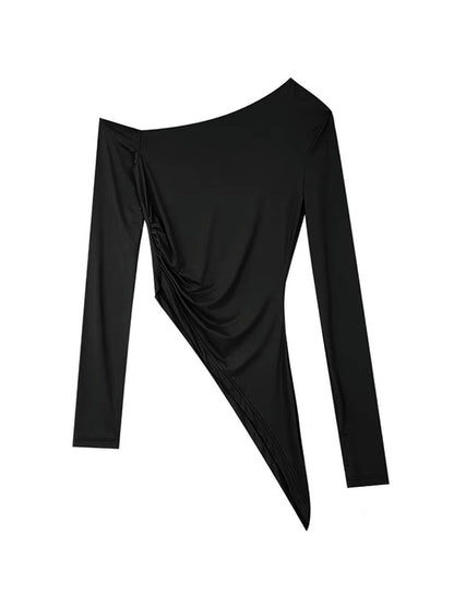 Slanted Shoulder Ruched Irregular Hem Long Sleeve Tee