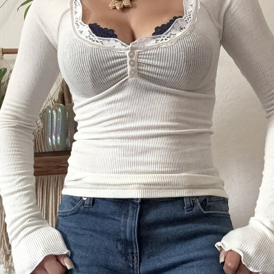 Y2K-Inspired Vintage Lace Trim Colorblock T-Shirt - Stretchy, Long Sleeve, V-Neck Top for - Perfect for & Fall