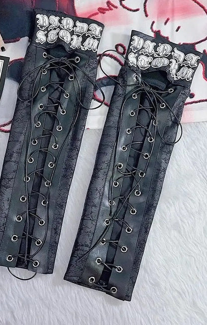Punk Gothic Y2K PU Tie Letter Print Industrial Leg Warmers