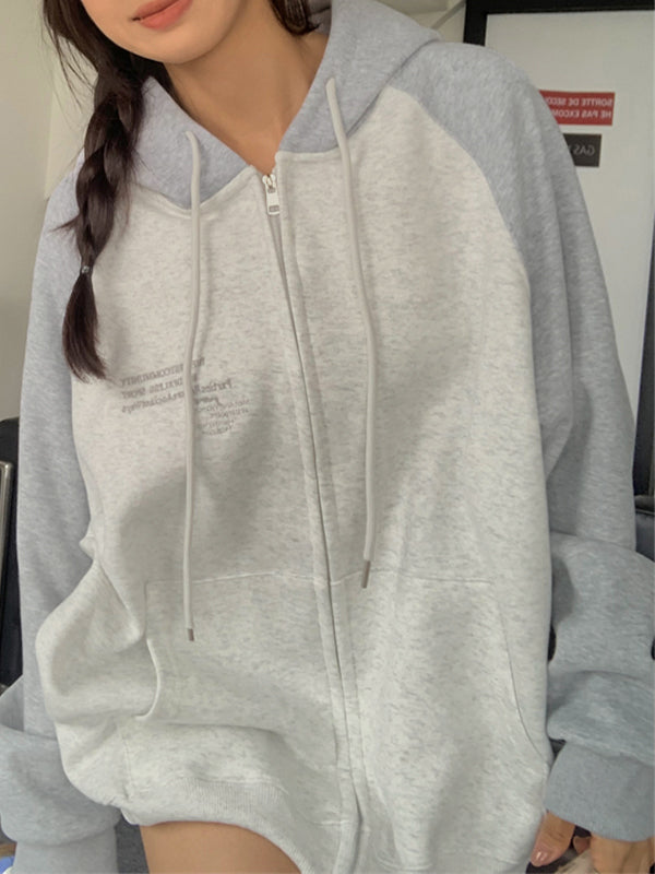 Color Block Splice Zip Up Oversized Hoodie