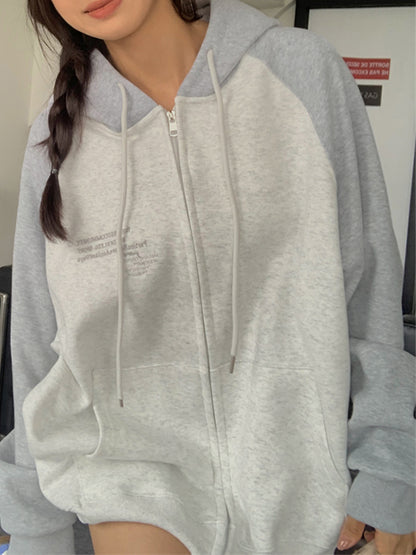 Color Block Splice Zip Up Oversized Hoodie