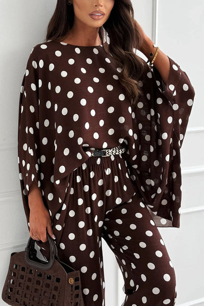 Verne Linen Blend Polka Dot Batwing Sleeve Top and Elastic Waist Pocket Loose Pants Set