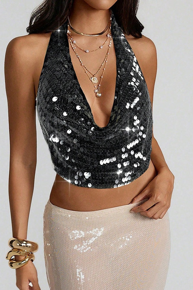 Sequin Backless Halter Crop Top