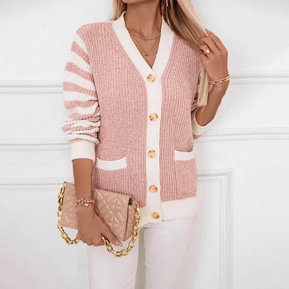 Cárdigan holgado de punto a rayas con botones para mujer | Ideal para otoño/invierno