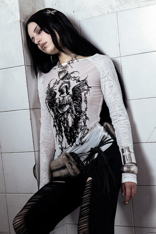 Gothic Print Slim Lace Patchwork Long Sleeve Mesh Top