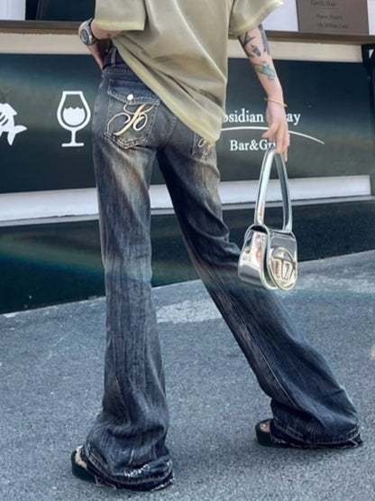 Vintage Embroidery Low Rise Raw Trim Flare Jeans