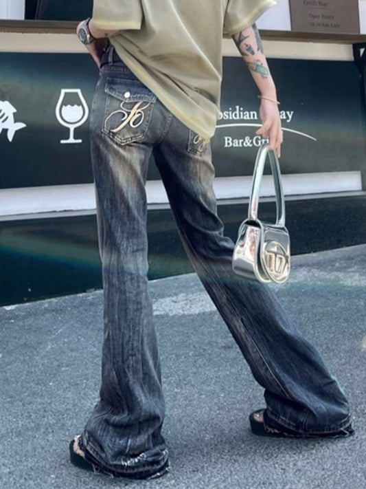 Vintage Embroidery Low Rise Raw Trim Flare Jeans